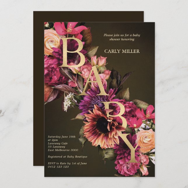 Invitación Bright Bold Floral Gold Baby Shower (Anverso / Reverso)