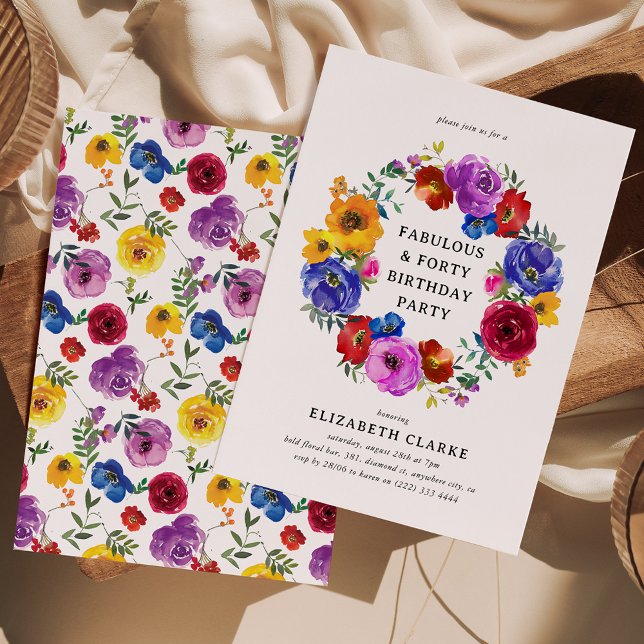 Invitación Bright & Bold Floral Wreath 40th Birthday Fiesta (Subido por el creador)