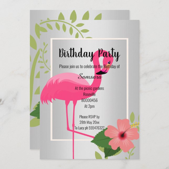 INVITACIÓN BRIGHT FLAMINGO HIBISCUS SILVER CUMPLEAÑOS (Anverso / Reverso)