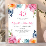 Invitación Bright Floral 40th Birthday Invitation<br><div class="desc">Celebra tu 40 cumpleaños con nuestras brillantes invitaciones florales. Con un impresionante diseño acuático de flores coloridas sobre un fondo blanco limpio, estas invitaciones son perfectas para cualquier celebración de primavera o verano. Las elegantes letras caligráficas aportan un toque de sofisticación y encanto a su ocasión especial. Nuestras invitaciones pueden...</div>