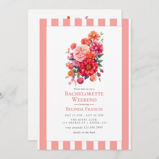 Invitación Bright Floral Bachelorette Weekend Itinerary (Anverso / Reverso)