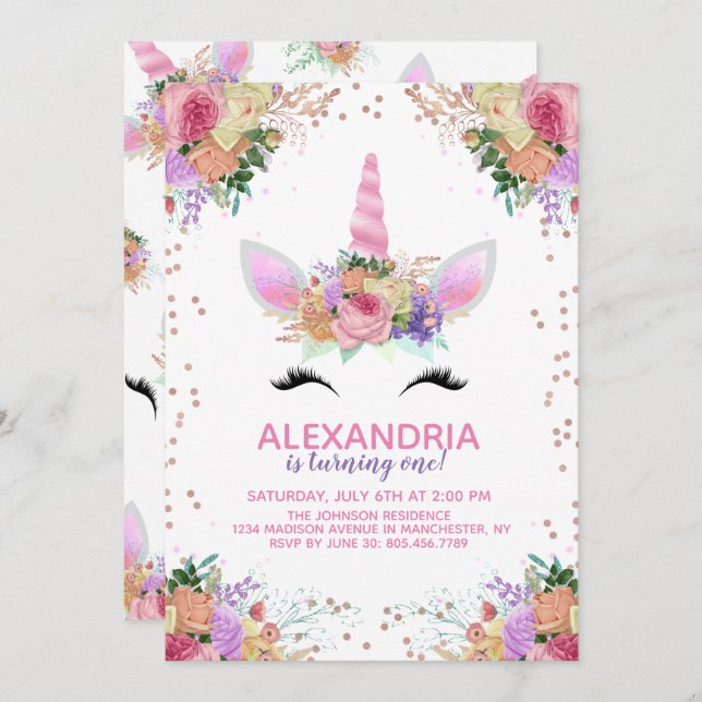 Invitación Bright Floral Unicorn Cumpleaños (Anverso / Reverso)