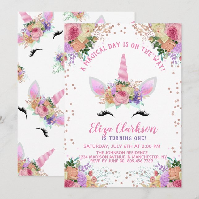 Invitación Bright Floral Unicorn Cumpleaños (Anverso / Reverso)