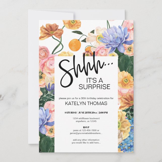 Invitación Bright Floral Wildflower Surprise Cumpleaños (Anverso)
