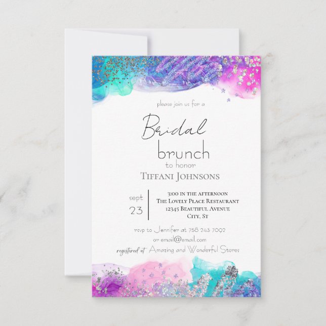 Invitación Bright Fun Mermaid Ink Purpurina Bridal Brunch (Anverso)