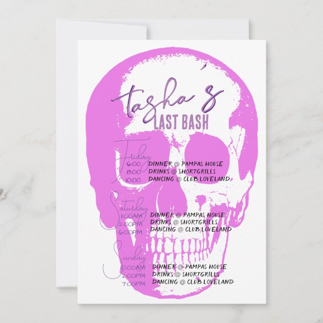 Invitación Bright Gótico Skull Bachelorette Party Itinerary (Anverso)