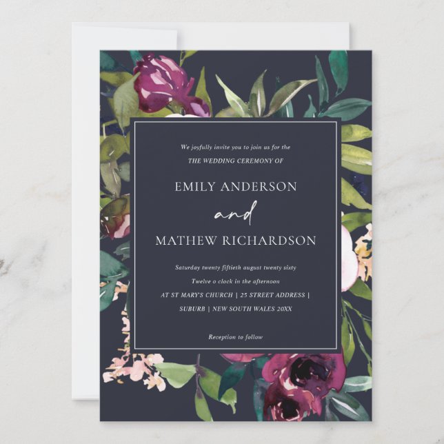 INVITACIÓN BRIGHT NAVY RUBOR BURGUNDY FLORAL BUNCH BODA (Anverso)