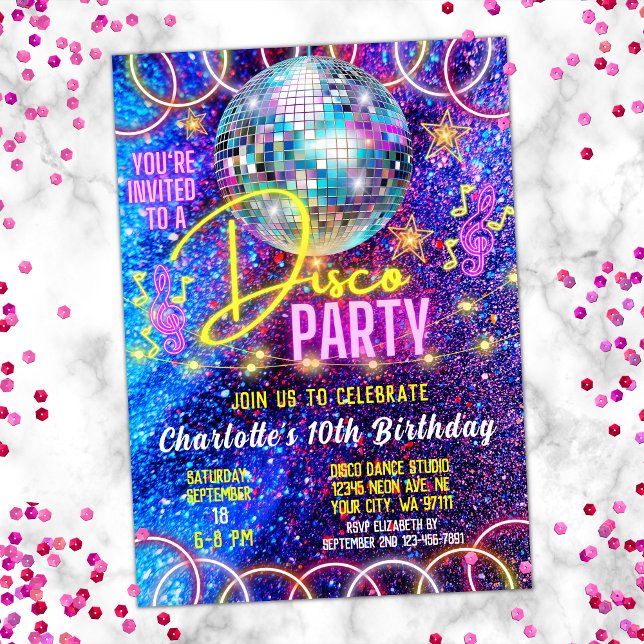 Invitación Bright Neon Pink Glow Chica Disco Dance Fiesta (Subido por el creador)