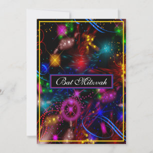 Invitación Bright Neon Stars Swirls Splatter Bat Mitzvah