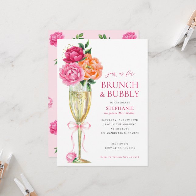Invitación Bright Peony w/QR Code on Back, Brunch and Bubbly  (Anverso/Reverso In Situ)
