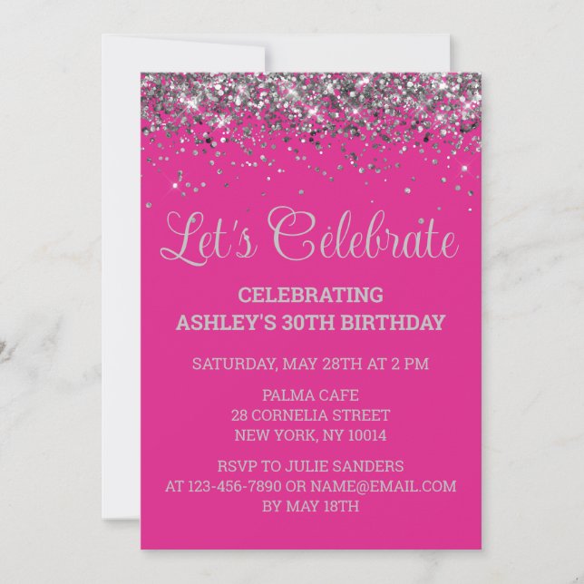 Invitación Bright Pink and Silver Glitter 30th Birthday Party (Anverso)