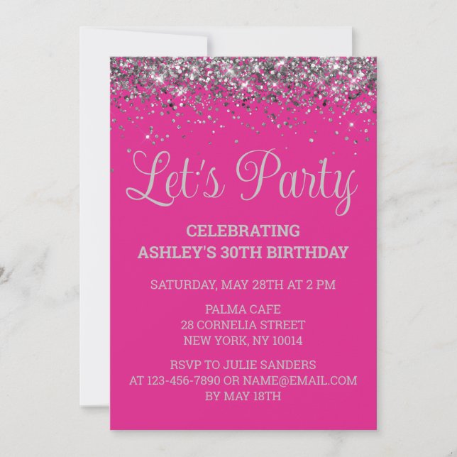 Invitación Bright Pink and Silver Glitter 30th Birthday Party (Anverso)