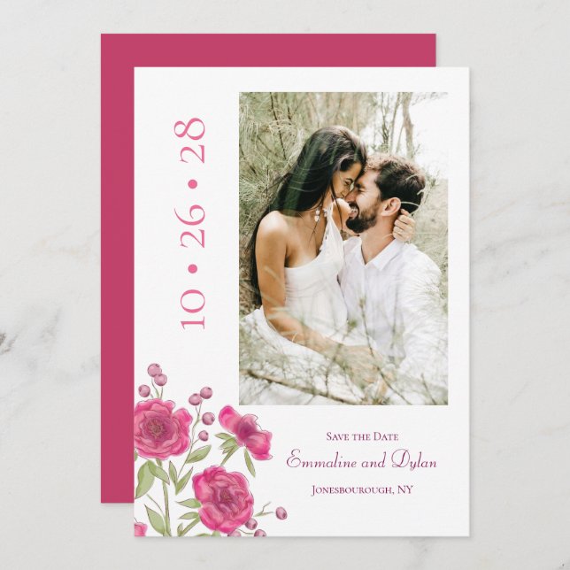 Invitación Bright Pink Rose Wedding Save the Date (Anverso / Reverso)