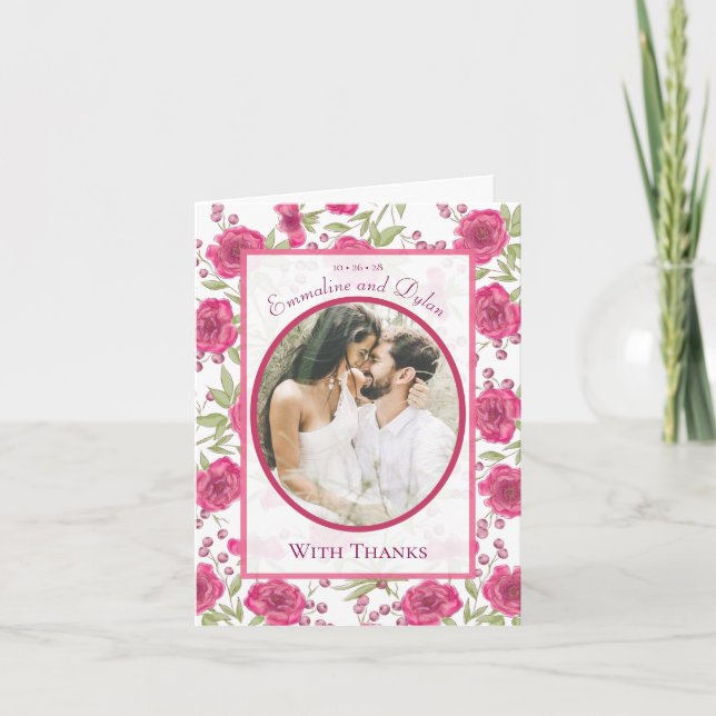 Invitación Bright Pink Rose Wedding Thank You Cards Photo (Anverso)