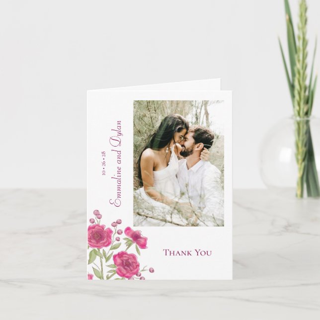 Invitación Bright Pink Rose Wedding Thank You Cards Photo (Anverso)