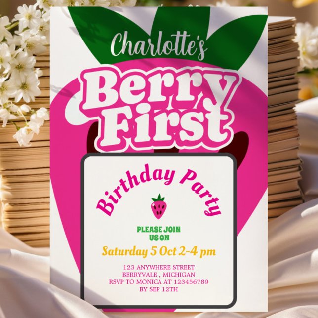 Invitación Bright Pink Strawberry Berry First Birthday (Subido por el creador)
