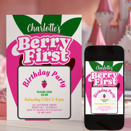 Invitación Bright Pink Strawberry Berry First Birthday