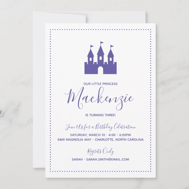 Invitación Bright Purple Princess Castle Birday Party (Anverso)