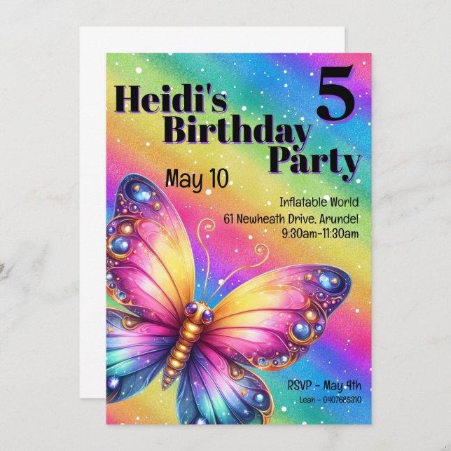 Invitación Bright Rainbow Butterfly Birday (Anverso / Reverso)