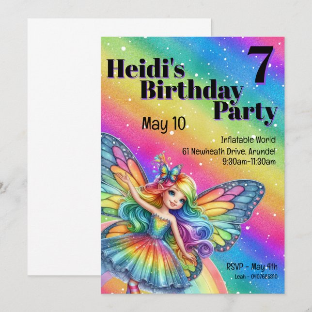 Invitación Bright Rainbow Fairy Birday (Anverso / Reverso)