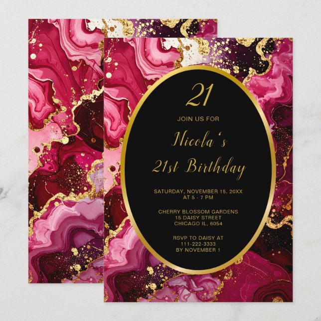 Invitación Bright Red and Gold Marble Agate Birthday Party (Anverso / Reverso)