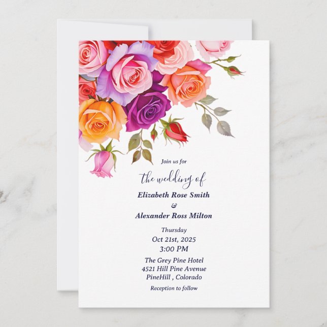 Invitación Bright Red and pink purple roses floral wedding (Anverso)