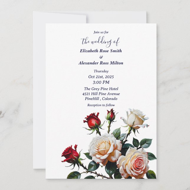 Invitación Bright Red and pink white roses floral wedding (Anverso)