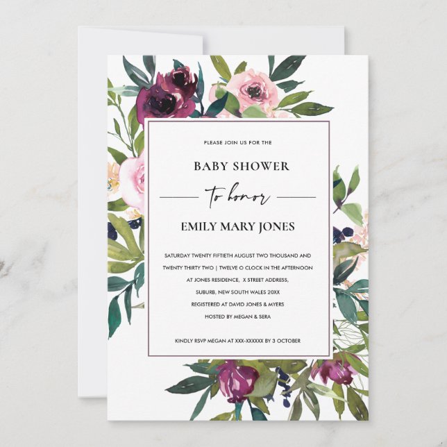 INVITACIÓN BRIGHT RUBOR BURGUNDY FLORAL BUNCH BABY SHOWER (Anverso)