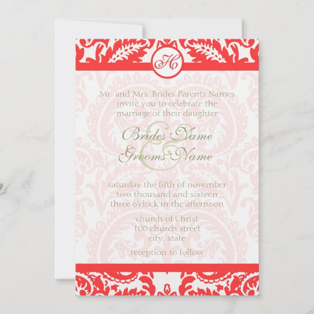 Invitación Bright Snap Dragon Coral Damask Gray Font Wedding (Anverso)