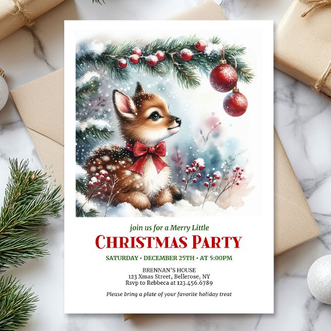 Invitación Bright snowy forest baby deer Christmas invitation (Bright snowy forest baby deer Christmas invitation printable template)