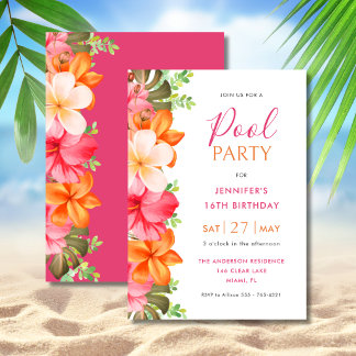 Invitación Bright Tropical Floral Birthday Pool Party Pink