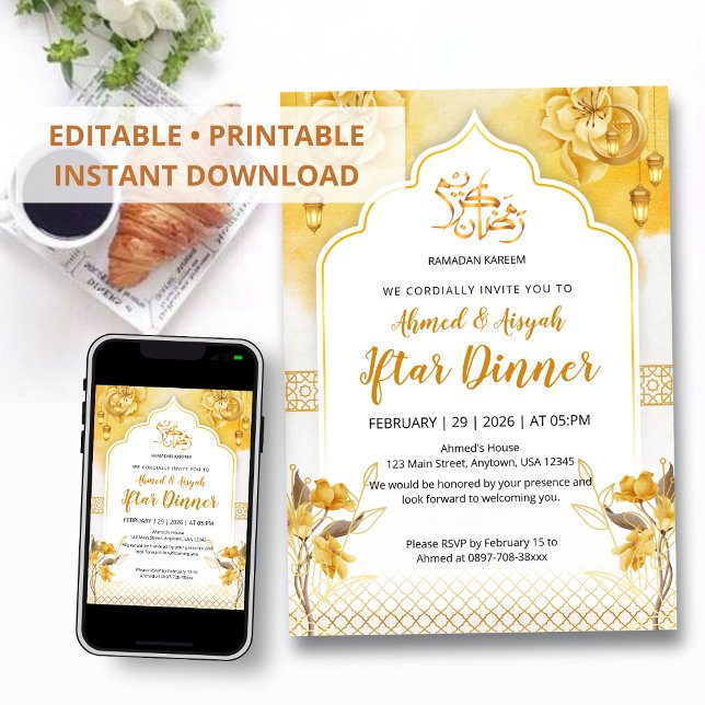 Invitación Bright Yellow Floral & Gold Arch Ramadan Iftar Inv (Subido por el creador)