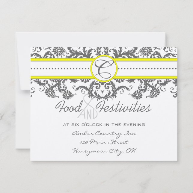 Invitación Bright Yellow &  Gray Damask Reception Cards (Reverso)