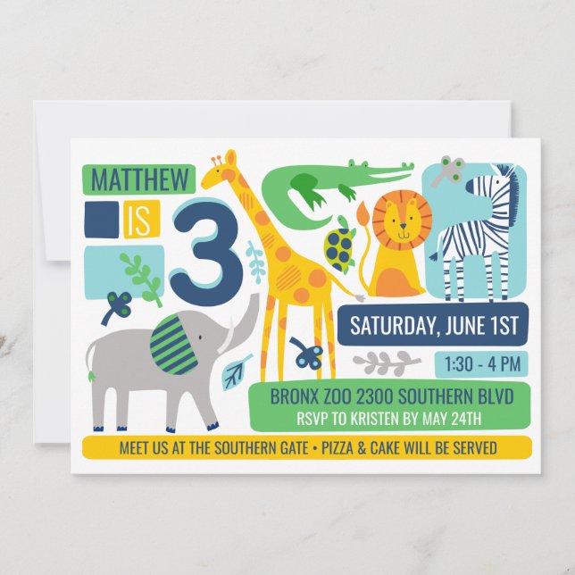 Invitación Bright Zoo Jungle Animals Birthday Invitation (Anverso)