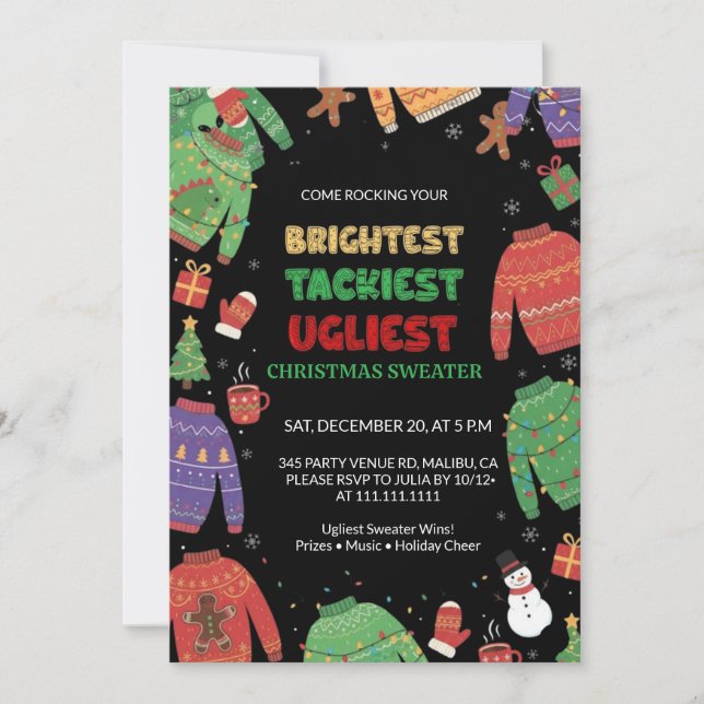 Invitación Brightest Tacky Ugly Sweater Christmas Party (Anverso)