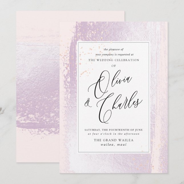 Invitación Brilla, Rubor Lilac Watercolor+Faux Metálico (Anverso / Reverso)