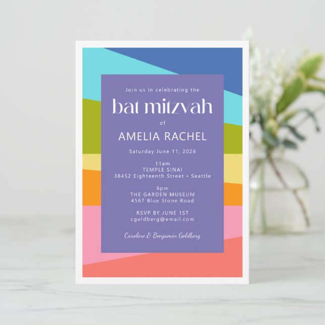 Invitación Brillante Abstracto Gemométrico Arcoiris Bat Mitzv (Anverso de pie)
