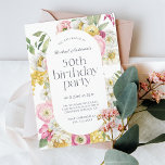 Invitación Brillante acuarela Floral 50 cumpleaños<br><div class="desc">Una bella invitación a la fiesta de cumpleaños femenina con un elegante marco floral acuático de color amarillo, rosa, blanco y verde hacen de esta invitación un lugar con encanto elegante. Los emparejamientos de caras de moda incluyen un título de moda en letra funda inferior, emparejado con sans serif modernos....</div>