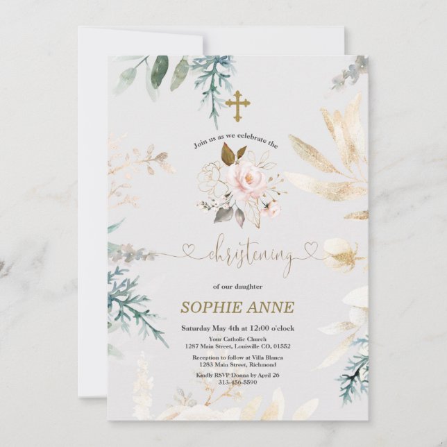 Invitación Brillante acuarela Pink Floral Gold Christening (Anverso)