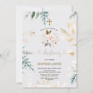 Invitación Brillante acuarela Pink Floral Gold Christening