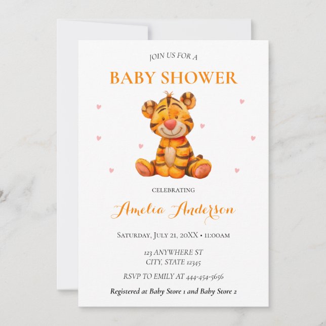 Invitación Brillante acuarela Tiger Plush Baby Shower (Anverso)