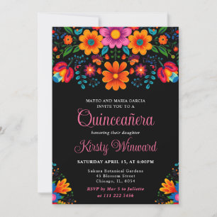 Invitación Brillante Arte Popular Mexicano Floral Quinceañera
