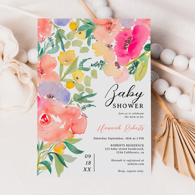 Invitación Brillante audaz jardín de boho florida ducha de be (Bright bold boho garden floral baby shower invitation)