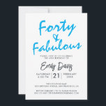 Invitación Brillante Azul Cuarenta Fabuloso | 40.º Fiesta de<br><div class="desc">Una moda,  elegante,  invitación para fotos de 40 años que puedes personalizar y enviar para tu fiesta de 40 años. Las palabras "cuarenta y fabuloso" en negro y azul brillante se establecen usando un guión elegante y una tipografía moderna. Diseñado exclusivamente para usted por Happy Dolphin Studio! @happydolphinstudio</div>