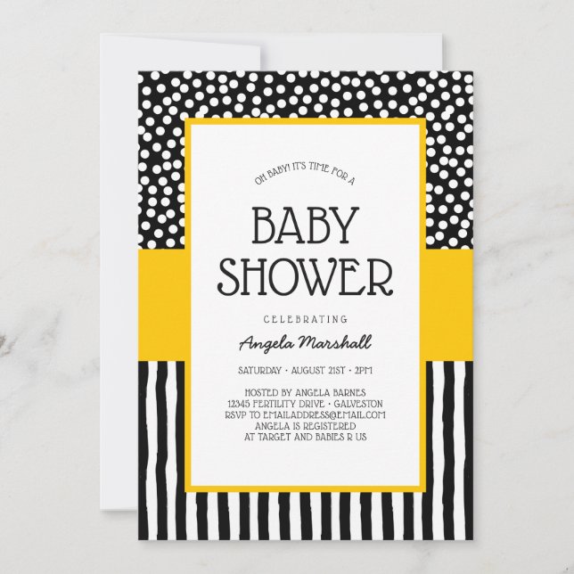 Invitación Brillante Baby Shower blanco y amarillo (Anverso)