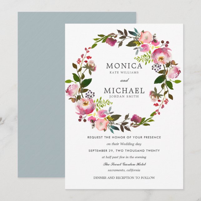Invitación Brillante Bloom | Elegante boda de guirnaldas flor (Anverso / Reverso)