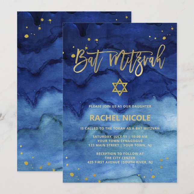 Invitación Brillante Blue and Faux Gold Bat Mitzvah (Anverso / Reverso)