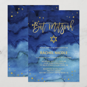 Invitación Brillante Blue and Faux Gold Bat Mitzvah