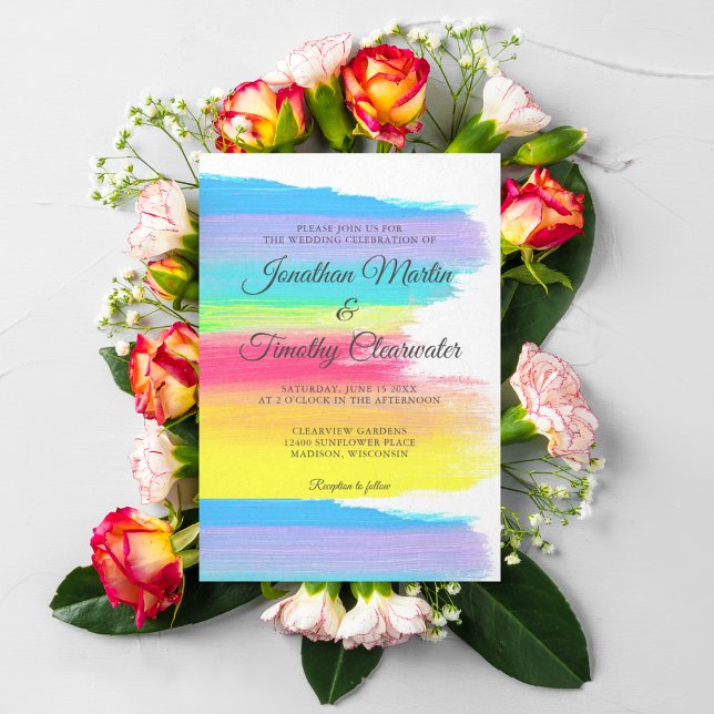 Invitación Brillante Boda de pareja gay moderno arcoiris (Subido por el creador)
