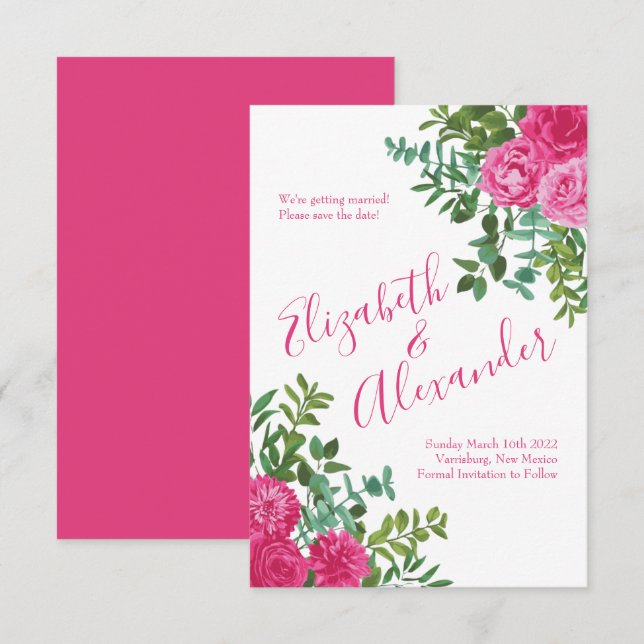 Invitación Brillante boda floral rosa salva la fecha (Anverso / Reverso)